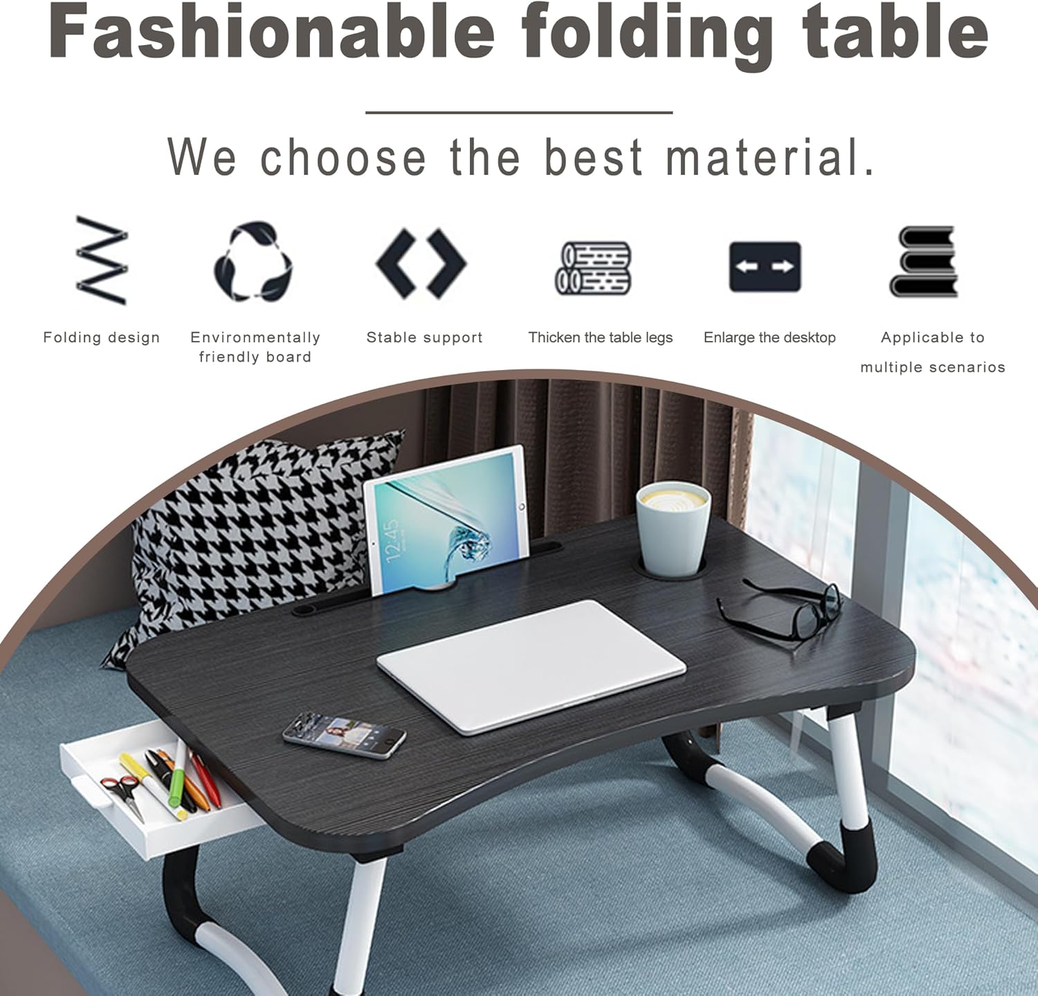 Lap Desk with Storage Drawer, Holders for Cup and Tablet, Laptop Bed Tray Table with Foldable Legs, Laptop Bed Stand, Portable Standing Table for Sofa Couch Floor