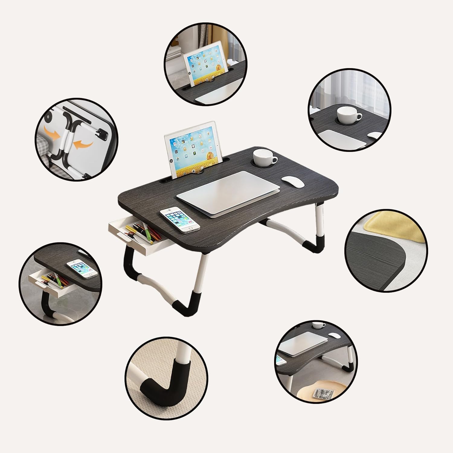 Lap Desk with Storage Drawer, Holders for Cup and Tablet, Laptop Bed Tray Table with Foldable Legs, Laptop Bed Stand, Portable Standing Table for Sofa Couch Floor