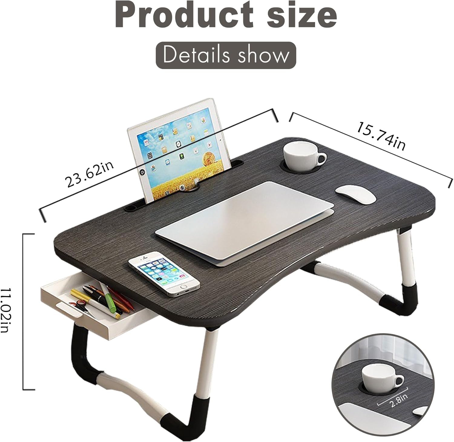 Lap Desk with Storage Drawer, Holders for Cup and Tablet, Laptop Bed Tray Table with Foldable Legs, Laptop Bed Stand, Portable Standing Table for Sofa Couch Floor