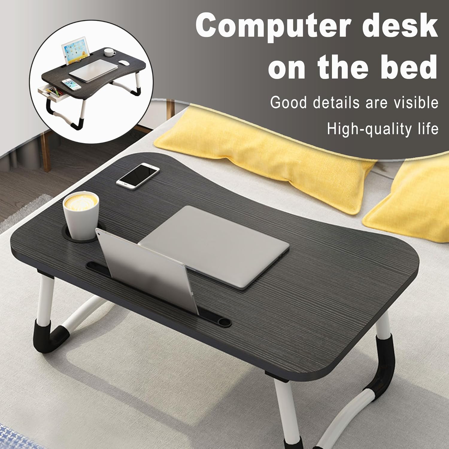 Lap Desk with Storage Drawer, Holders for Cup and Tablet, Laptop Bed Tray Table with Foldable Legs, Laptop Bed Stand, Portable Standing Table for Sofa Couch Floor