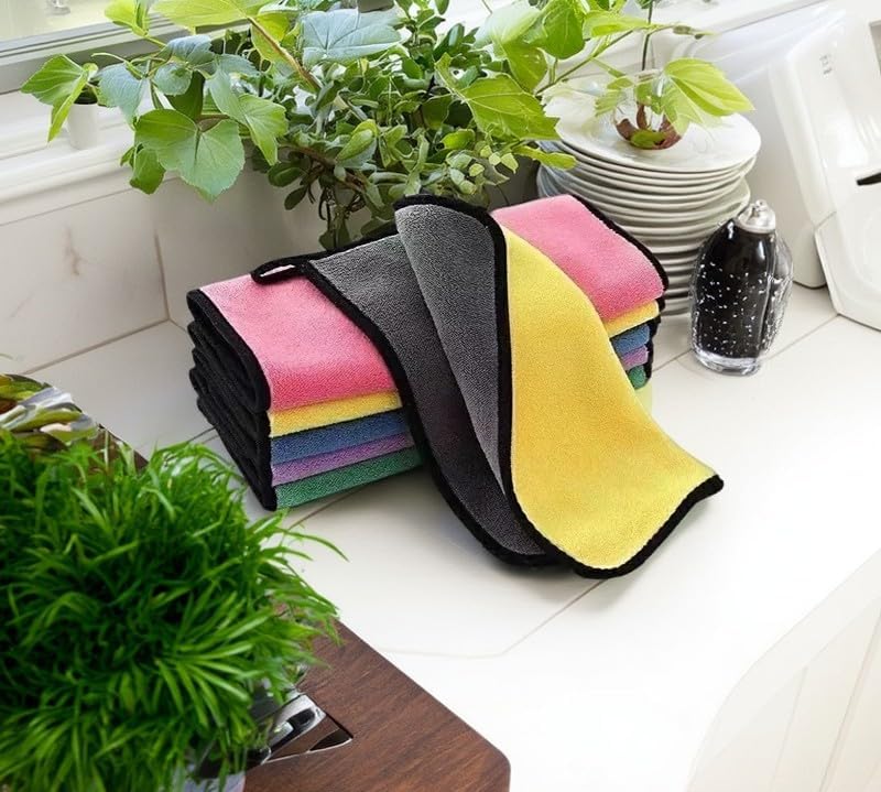 【Random color 】10 Pack Extra Thick Reusable Microfiber Cleaning Cloths, Dual-Layer Dual-Color Super Absorbent Kitchen Towels for Dishes, Glass, Floors & Car Care
