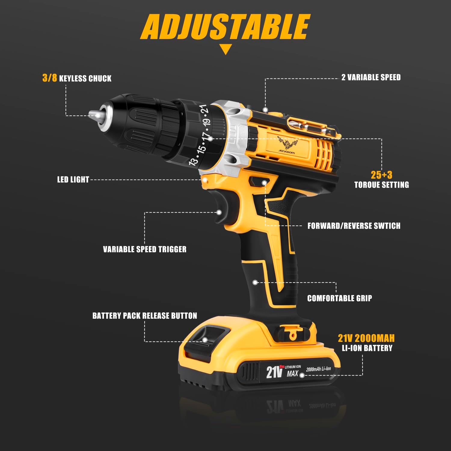 Cordless Drill Set 21V, Electric Screwdriver with 2 Batteries 2000mAh, 25+3 Torque Cordless Hammer Drill, 2-Speed, 42N.m Max, LED Work Light