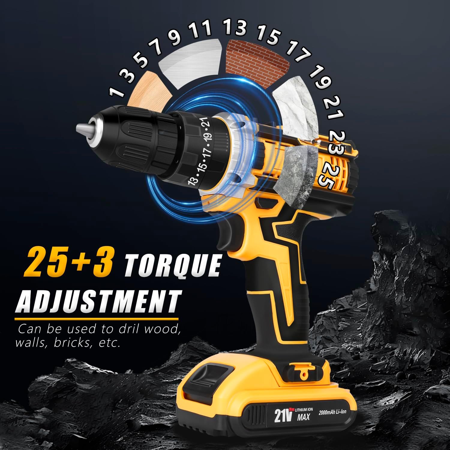 Cordless Drill Set 21V, Electric Screwdriver with 2 Batteries 2000mAh, 25+3 Torque Cordless Hammer Drill, 2-Speed, 42N.m Max, LED Work Light