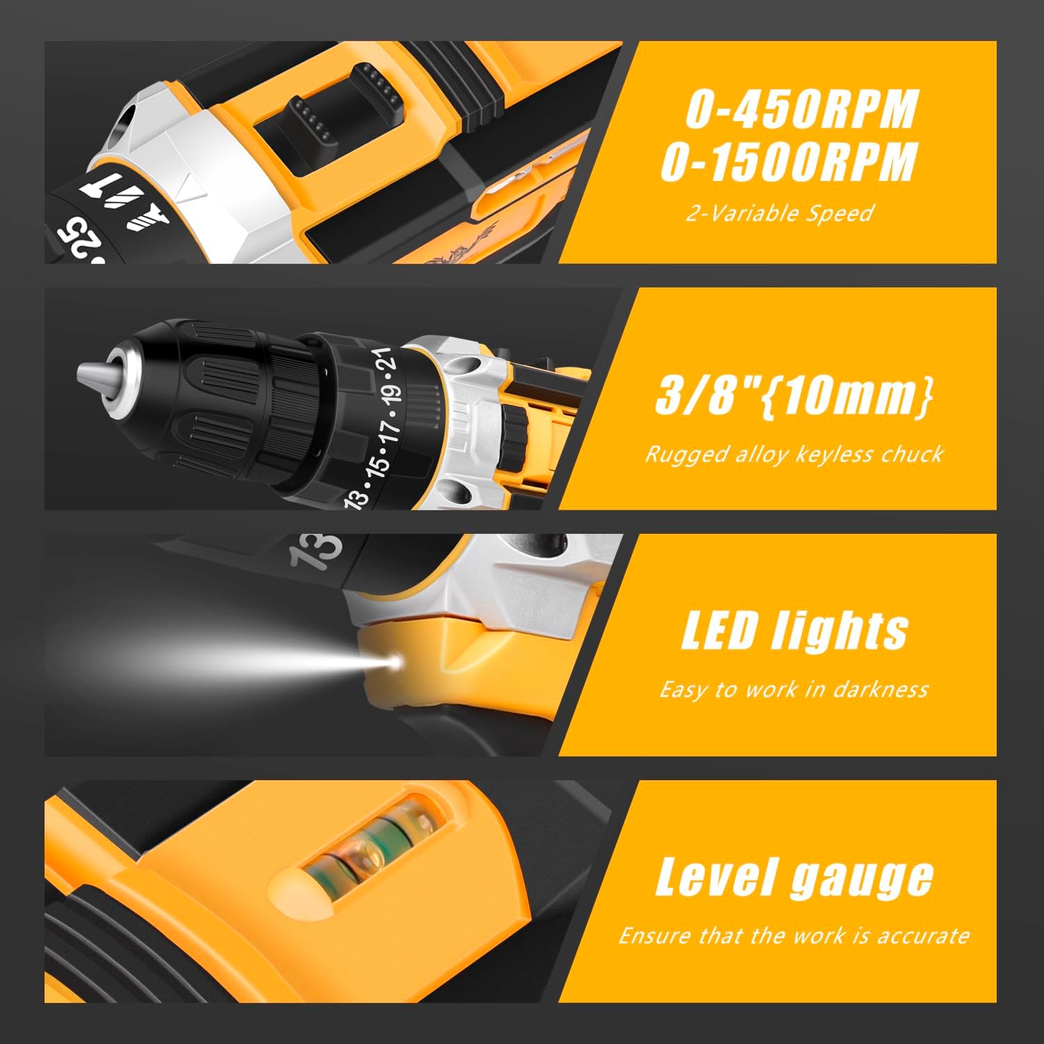 Cordless Drill Set 21V, Electric Screwdriver with 2 Batteries 2000mAh, 25+3 Torque Cordless Hammer Drill, 2-Speed, 42N.m Max, LED Work Light