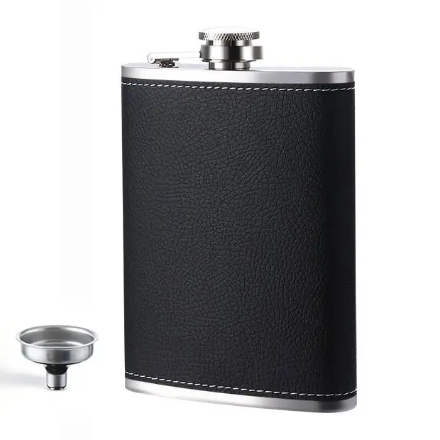 1 Pack Flask for Liquor and Funnel, Premium 8 Oz Leak Proof 18/8 Stainless Steel Pocket Hip Flask with Black Leather Cover, Great Gift Idea