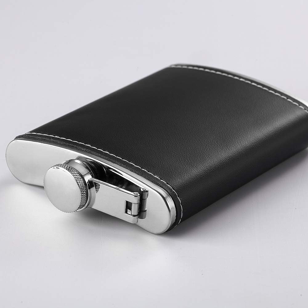 1 Pack Flask for Liquor and Funnel, Premium 8 Oz Leak Proof 18/8 Stainless Steel Pocket Hip Flask with Black Leather Cover, Great Gift Idea