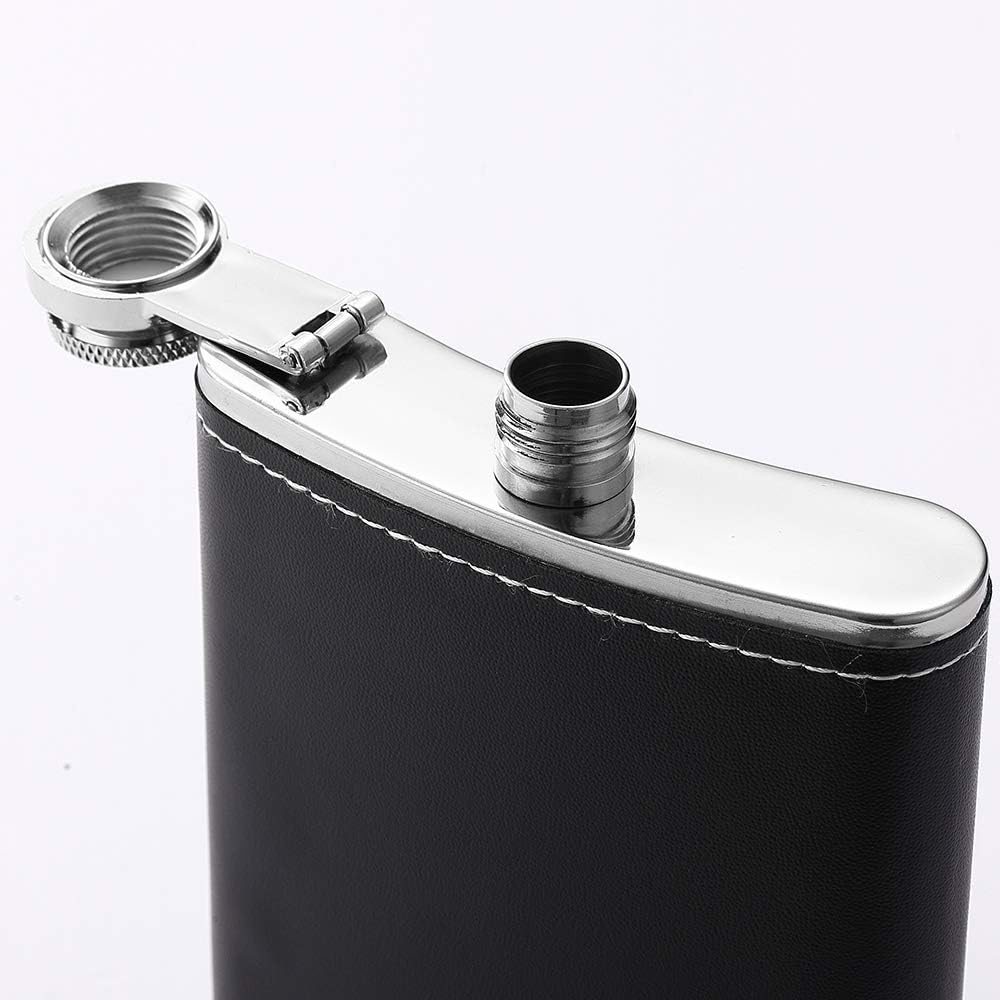 1 Pack Flask for Liquor and Funnel, Premium 8 Oz Leak Proof 18/8 Stainless Steel Pocket Hip Flask with Black Leather Cover, Great Gift Idea