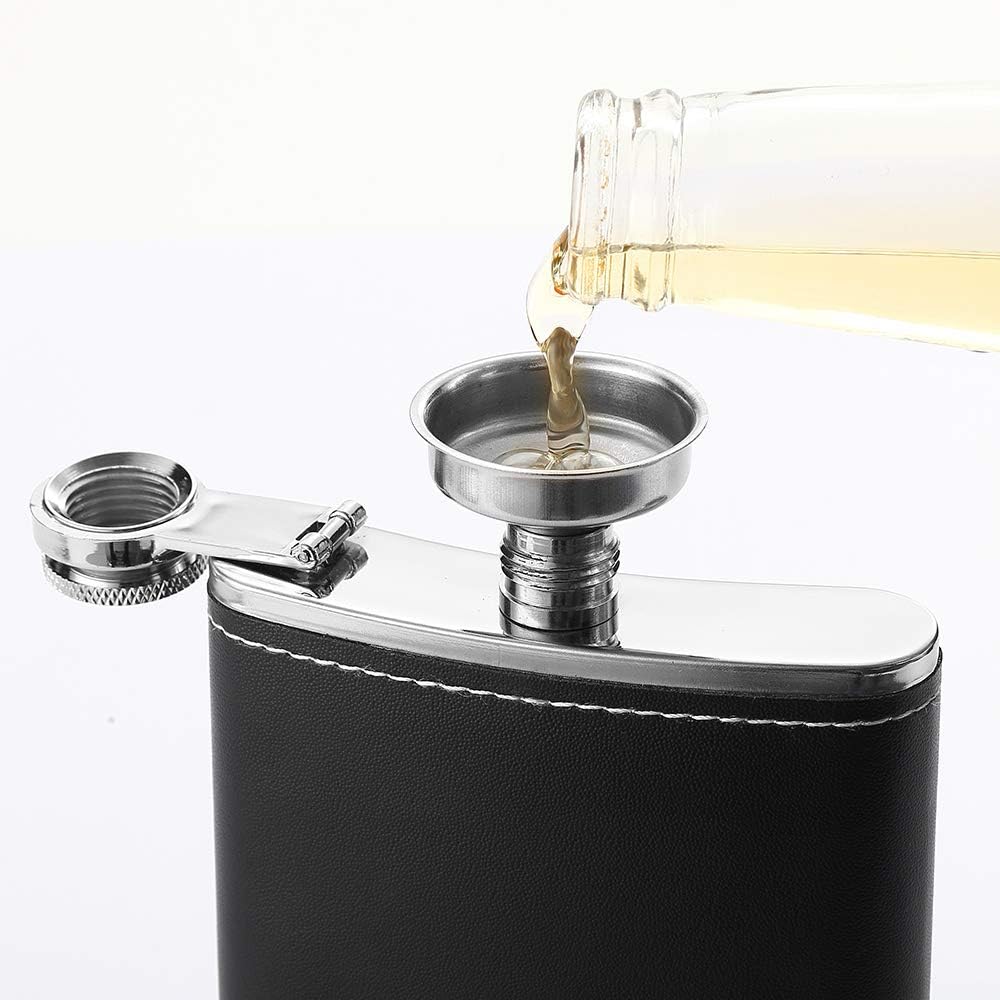 1 Pack Flask for Liquor and Funnel, Premium 8 Oz Leak Proof 18/8 Stainless Steel Pocket Hip Flask with Black Leather Cover, Great Gift Idea