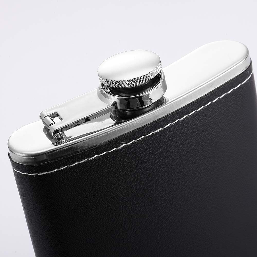 1 Pack Flask for Liquor and Funnel, Premium 8 Oz Leak Proof 18/8 Stainless Steel Pocket Hip Flask with Black Leather Cover, Great Gift Idea