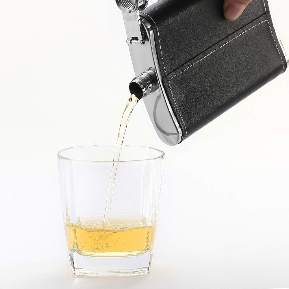 1 Pack Flask for Liquor and Funnel, Premium 8 Oz Leak Proof 18/8 Stainless Steel Pocket Hip Flask with Black Leather Cover, Great Gift Idea