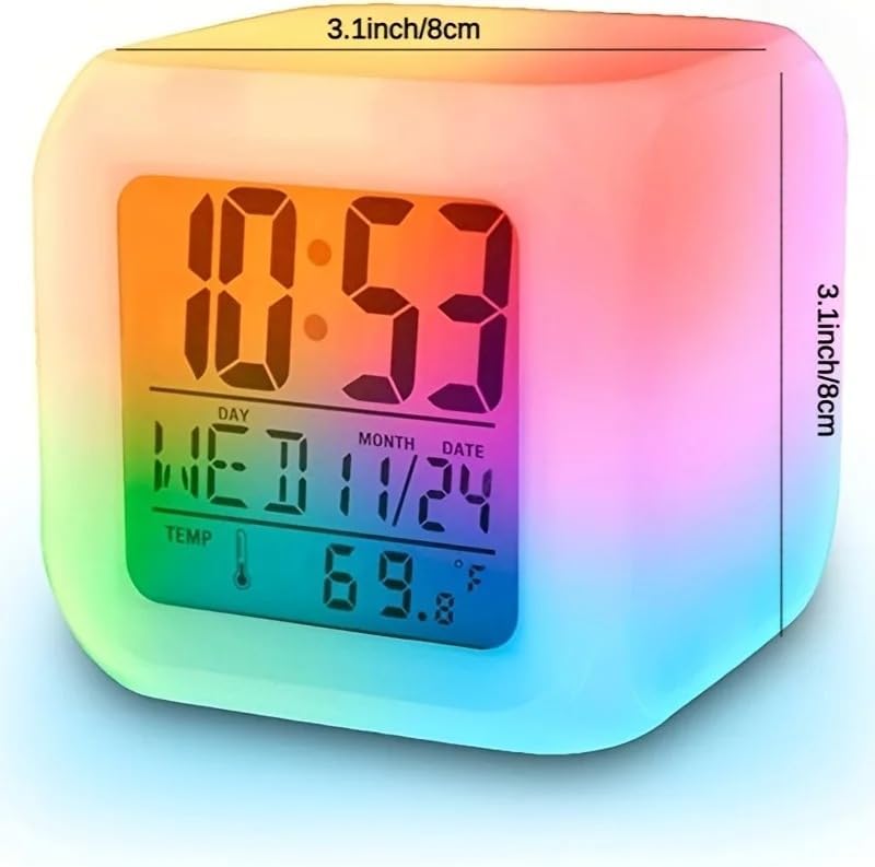7 Colors Changing LED Digital Alarm Clock with Thermometer, RGB Night Light & Snooze Function, Modern Square Bedside Clock with LCD Display, Dimmable Light, Temperature Sensor, Multi-Color Options