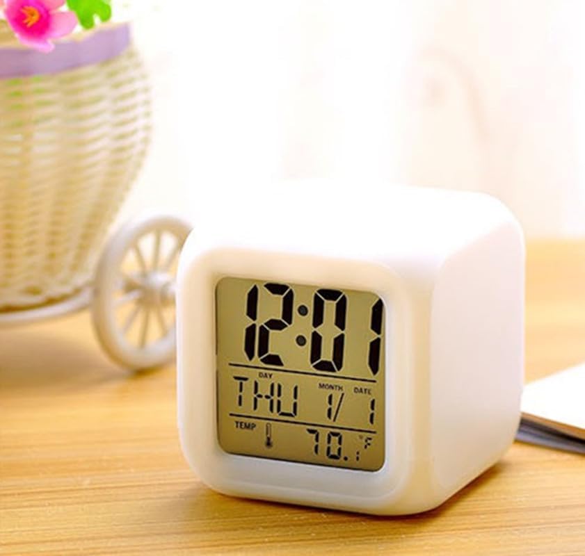 7 Colors Changing LED Digital Alarm Clock with Thermometer, RGB Night Light & Snooze Function, Modern Square Bedside Clock with LCD Display, Dimmable Light, Temperature Sensor, Multi-Color Options
