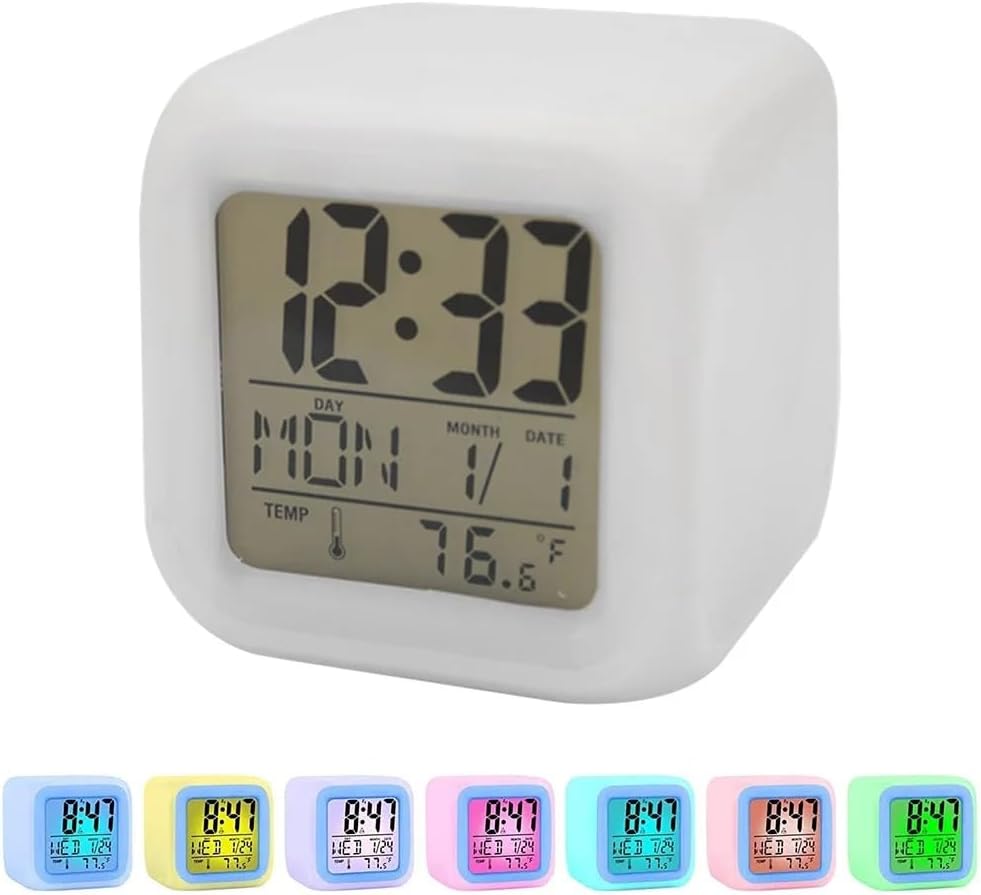7 Colors Changing LED Digital Alarm Clock with Thermometer, RGB Night Light & Snooze Function, Modern Square Bedside Clock with LCD Display, Dimmable Light, Temperature Sensor, Multi-Color Options