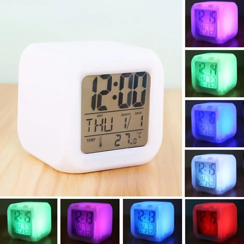 7 Colors Changing LED Digital Alarm Clock with Thermometer, RGB Night Light & Snooze Function, Modern Square Bedside Clock with LCD Display, Dimmable Light, Temperature Sensor, Multi-Color Options