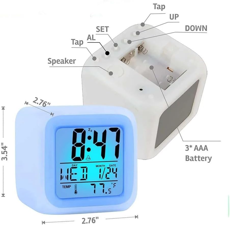 7 Colors Changing LED Digital Alarm Clock with Thermometer, RGB Night Light & Snooze Function, Modern Square Bedside Clock with LCD Display, Dimmable Light, Temperature Sensor, Multi-Color Options