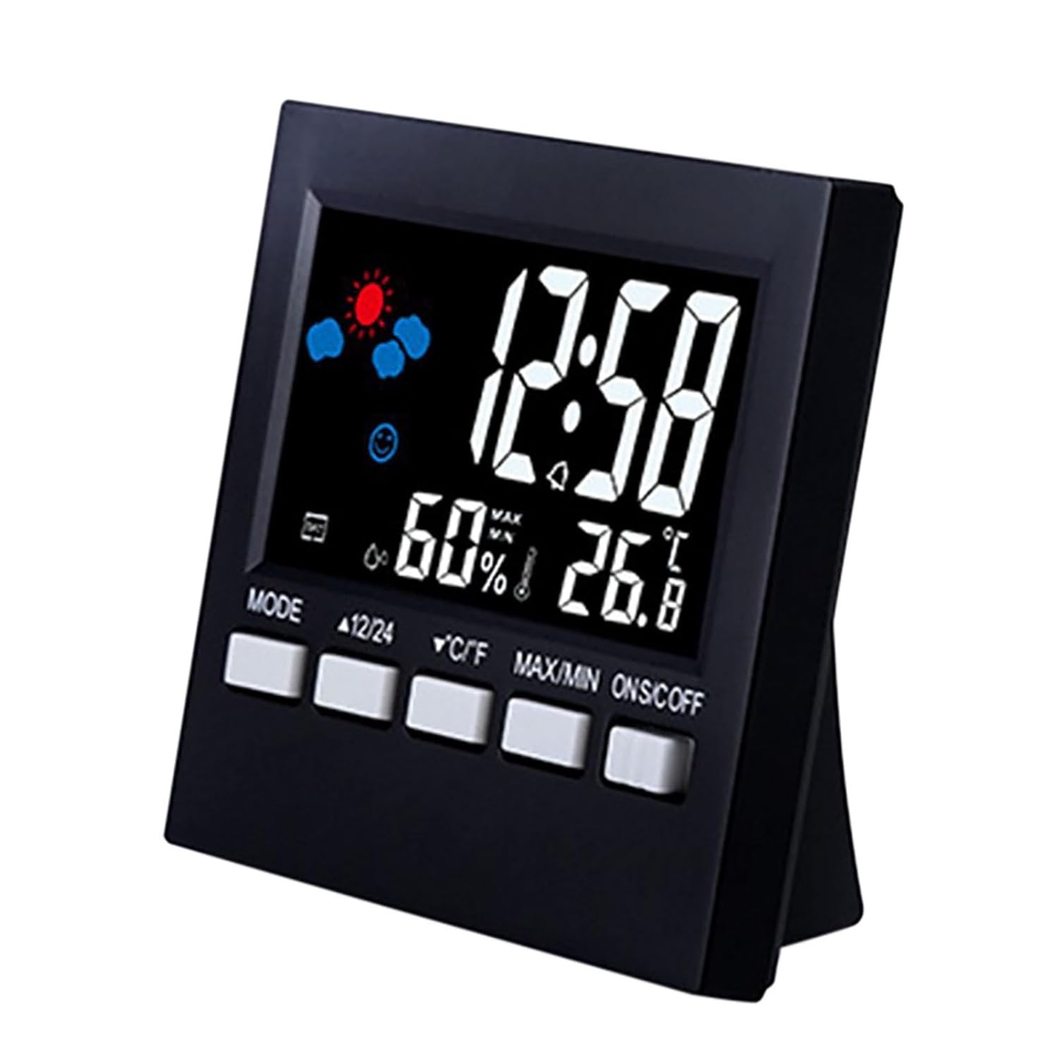 Handy Digital Alarm Clock Little Bedside Clocks Time Temperature Humidity 12/24H for Home Bedroom Office Travel Battery Operated (Battery Not Included)