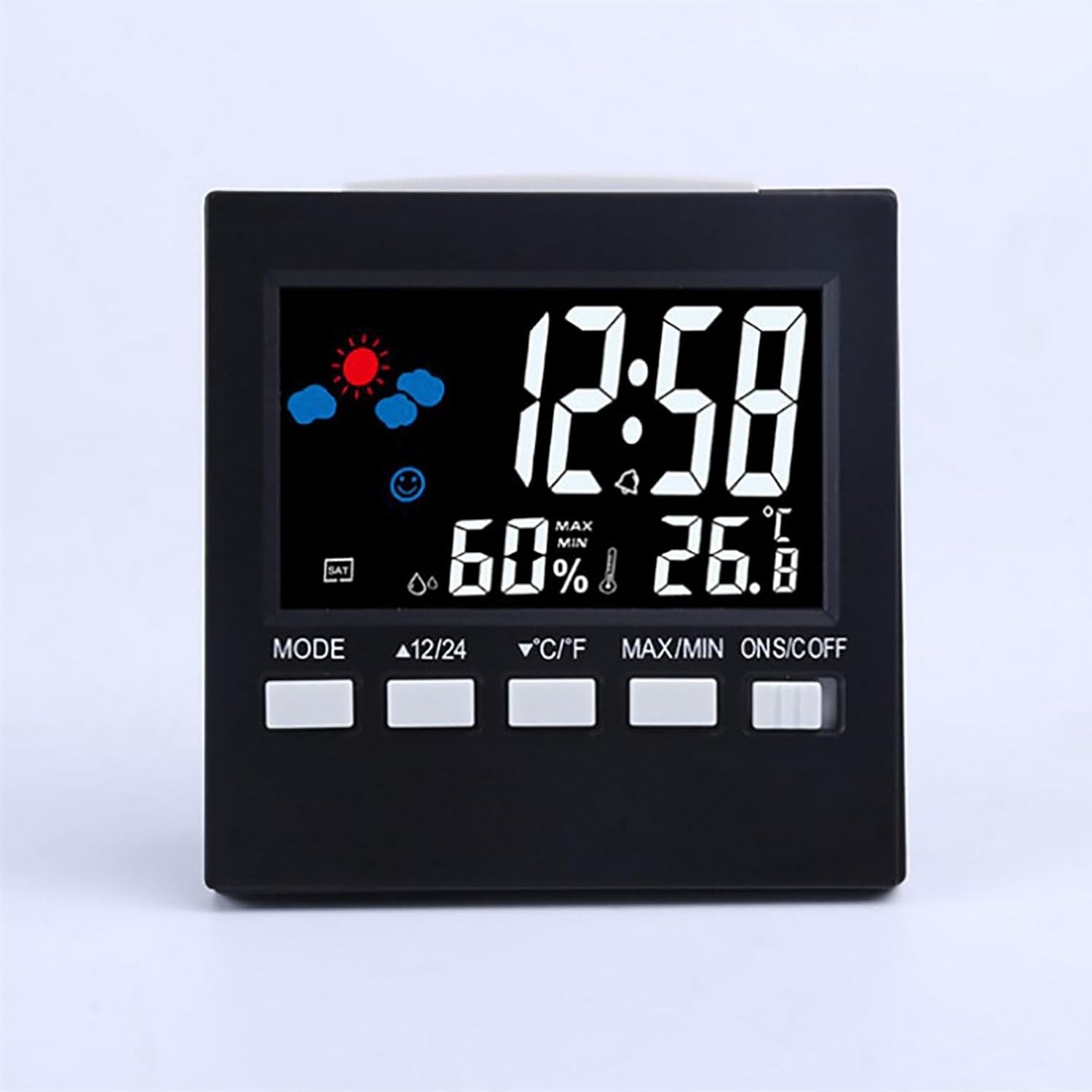 Handy Digital Alarm Clock Little Bedside Clocks Time Temperature Humidity 12/24H for Home Bedroom Office Travel Battery Operated (Battery Not Included)