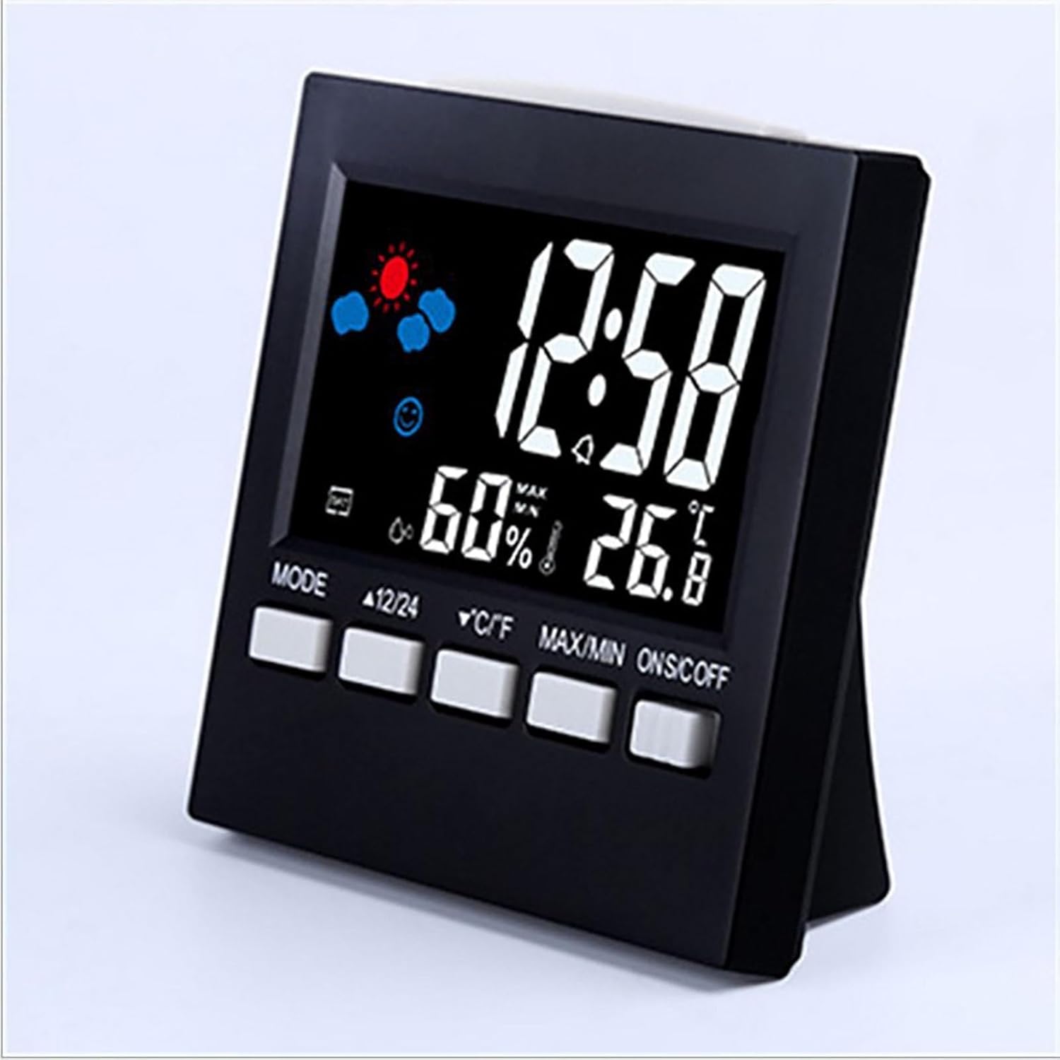 Handy Digital Alarm Clock Little Bedside Clocks Time Temperature Humidity 12/24H for Home Bedroom Office Travel Battery Operated (Battery Not Included)