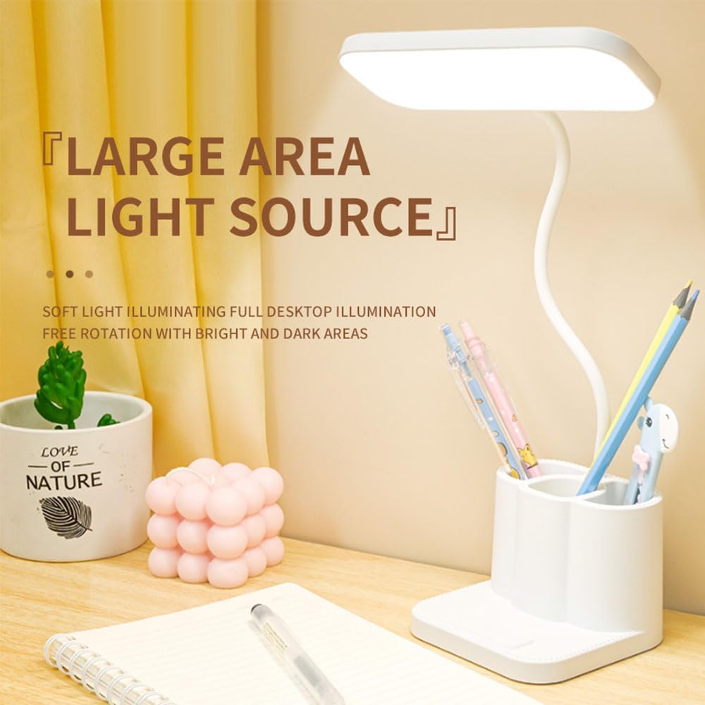 Touch adjustable rechargeable LED stand desk lamp, USB charging, with pen holder, suitable for home office, study, reading, can be used as a phone stand night light, 3 color temperature modes