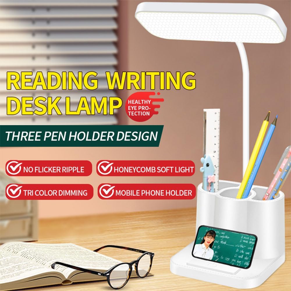 Touch adjustable rechargeable LED stand desk lamp, USB charging, with pen holder, suitable for home office, study, reading, can be used as a phone stand night light, 3 color temperature modes