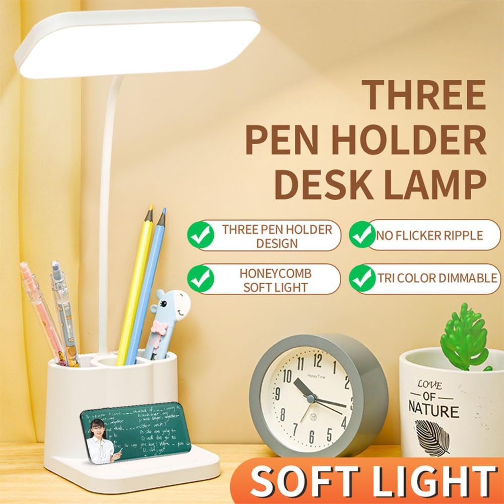 Touch adjustable rechargeable LED stand desk lamp, USB charging, with pen holder, suitable for home office, study, reading, can be used as a phone stand night light, 3 color temperature modes