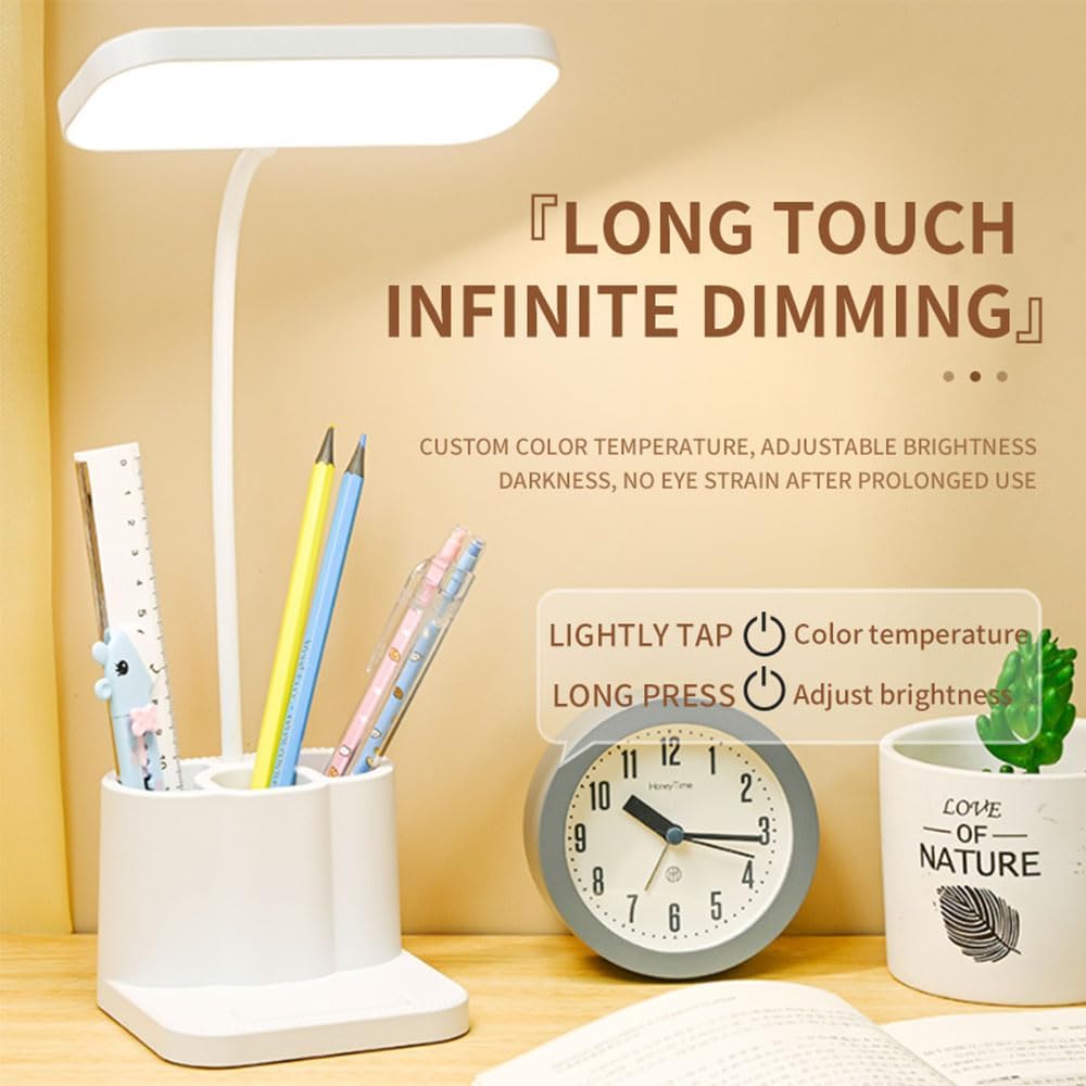 Touch adjustable rechargeable LED stand desk lamp, USB charging, with pen holder, suitable for home office, study, reading, can be used as a phone stand night light, 3 color temperature modes