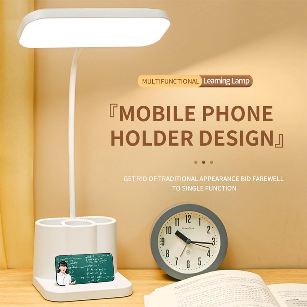 Touch adjustable rechargeable LED stand desk lamp, USB charging, with pen holder, suitable for home office, study, reading, can be used as a phone stand night light, 3 color temperature modes
