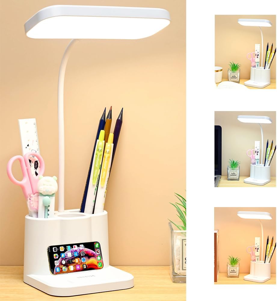 Touch adjustable rechargeable LED stand desk lamp, USB charging, with pen holder, suitable for home office, study, reading, can be used as a phone stand night light, 3 color temperature modes