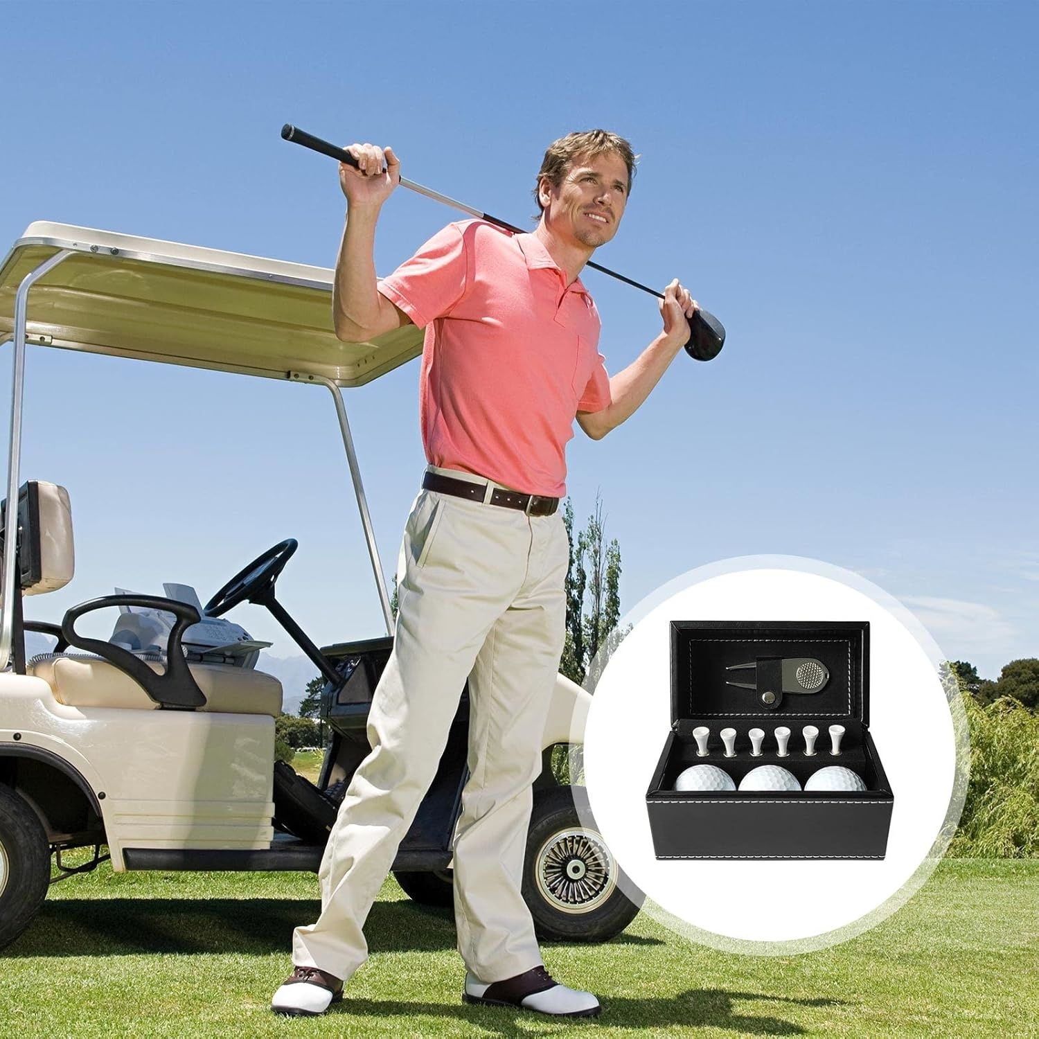 【Clearance Sale】Golf Accessories With Storage Box 3 Balls 6 Tees Unique Golf Ball Set Pu Leather Divot Repair Tool For Golf Sport Gift