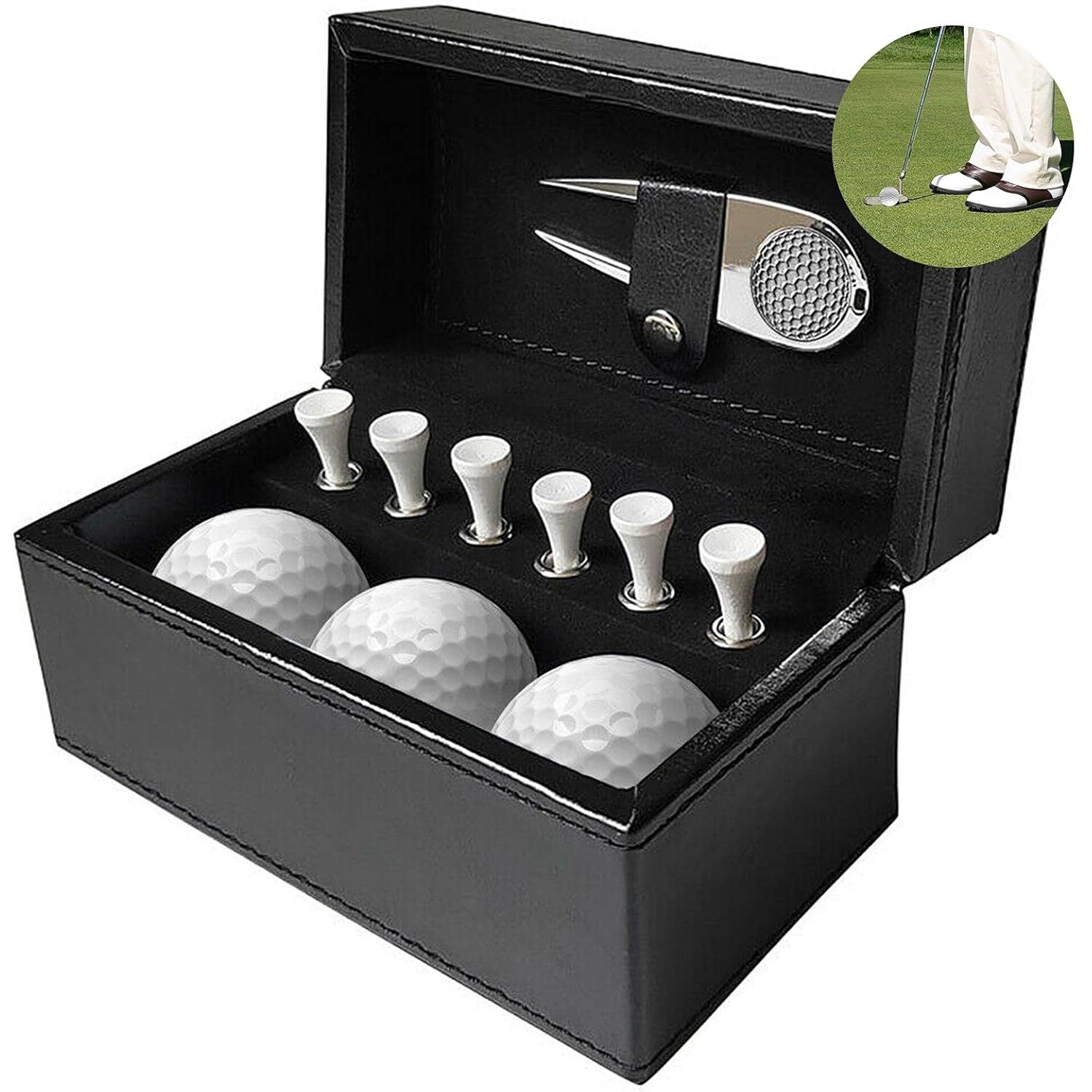 【Clearance Sale】Golf Accessories With Storage Box 3 Balls 6 Tees Unique Golf Ball Set Pu Leather Divot Repair Tool For Golf Sport Gift
