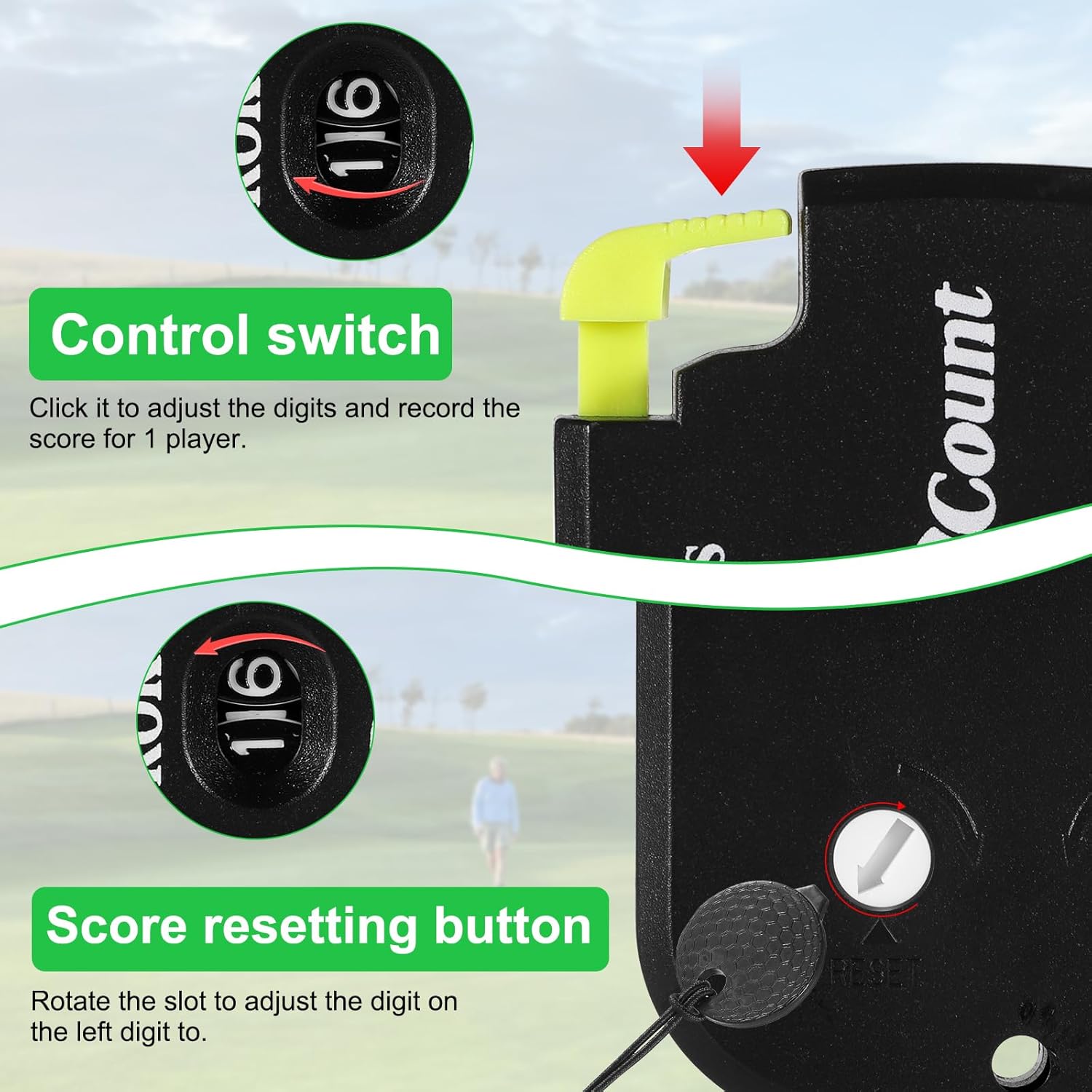Golf Stroke Counter, Mini Golf Shot Clicker Counter Portable Golf Score Keeper with Dial Reset Tool Key Chain for Outdoor Sport Scoreboard Games Golf Accessories