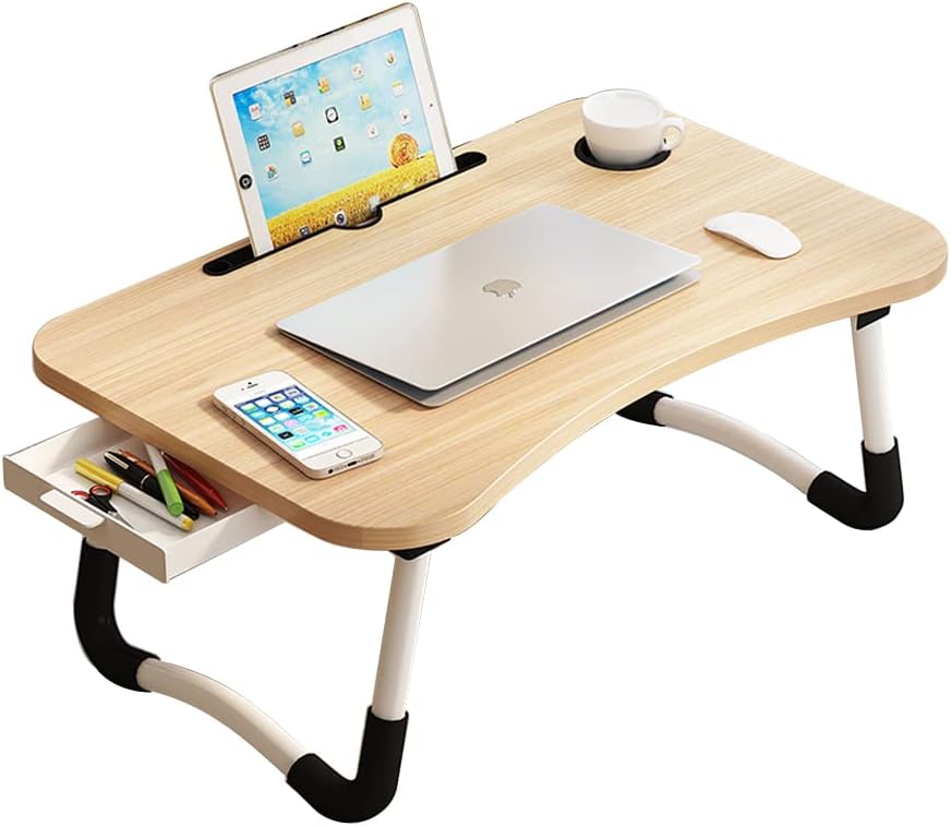 Lap Desk with Storage Drawer, Holders for Cup and Tablet, Laptop Bed Tray Table with Foldable Legs, Laptop Bed Stand, Portable Standing Table for Sofa Couch Floor