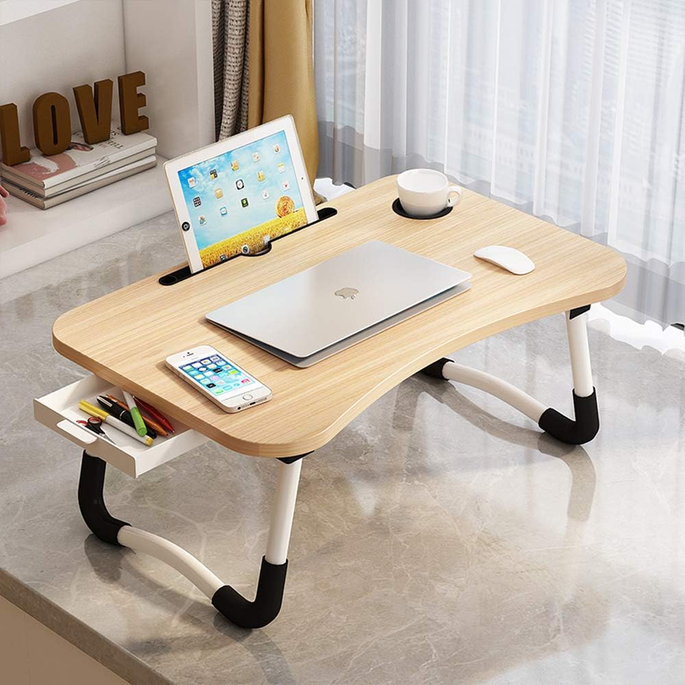 Lap Desk with Storage Drawer, Holders for Cup and Tablet, Laptop Bed Tray Table with Foldable Legs, Laptop Bed Stand, Portable Standing Table for Sofa Couch Floor