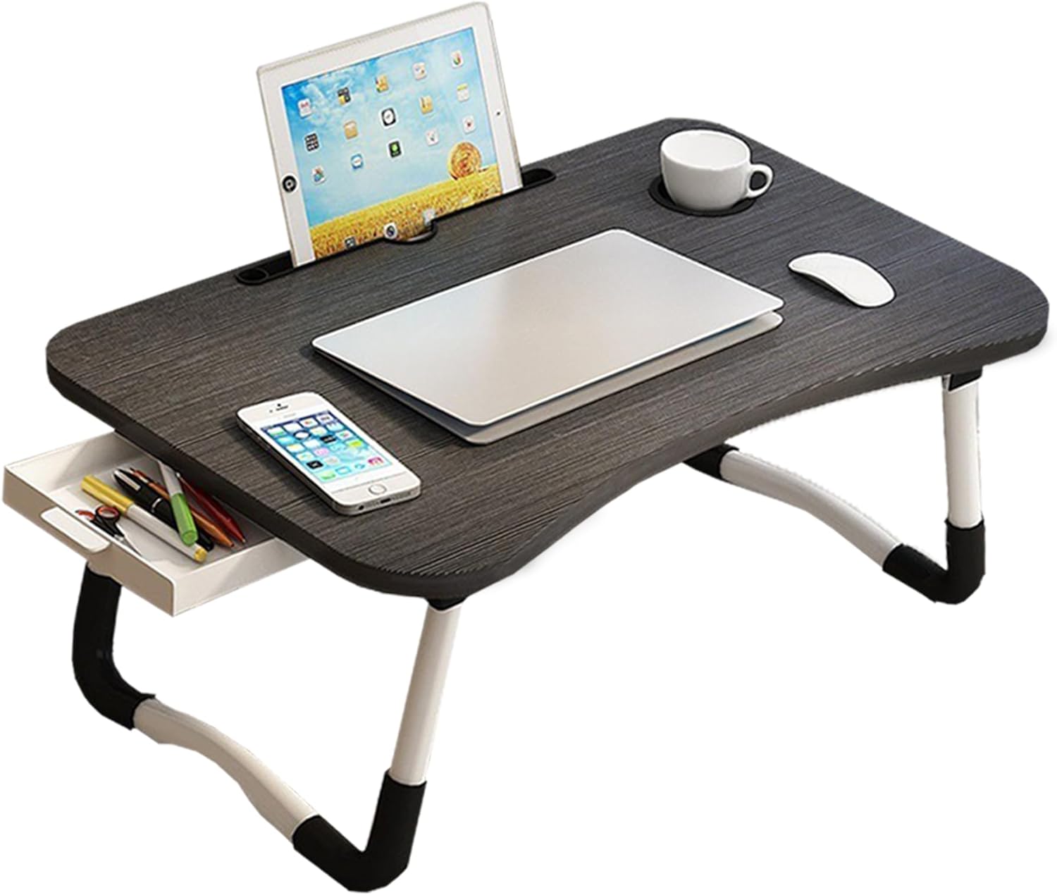 Lap Desk with Storage Drawer, Holders for Cup and Tablet, Laptop Bed Tray Table with Foldable Legs, Laptop Bed Stand, Portable Standing Table for Sofa Couch Floor