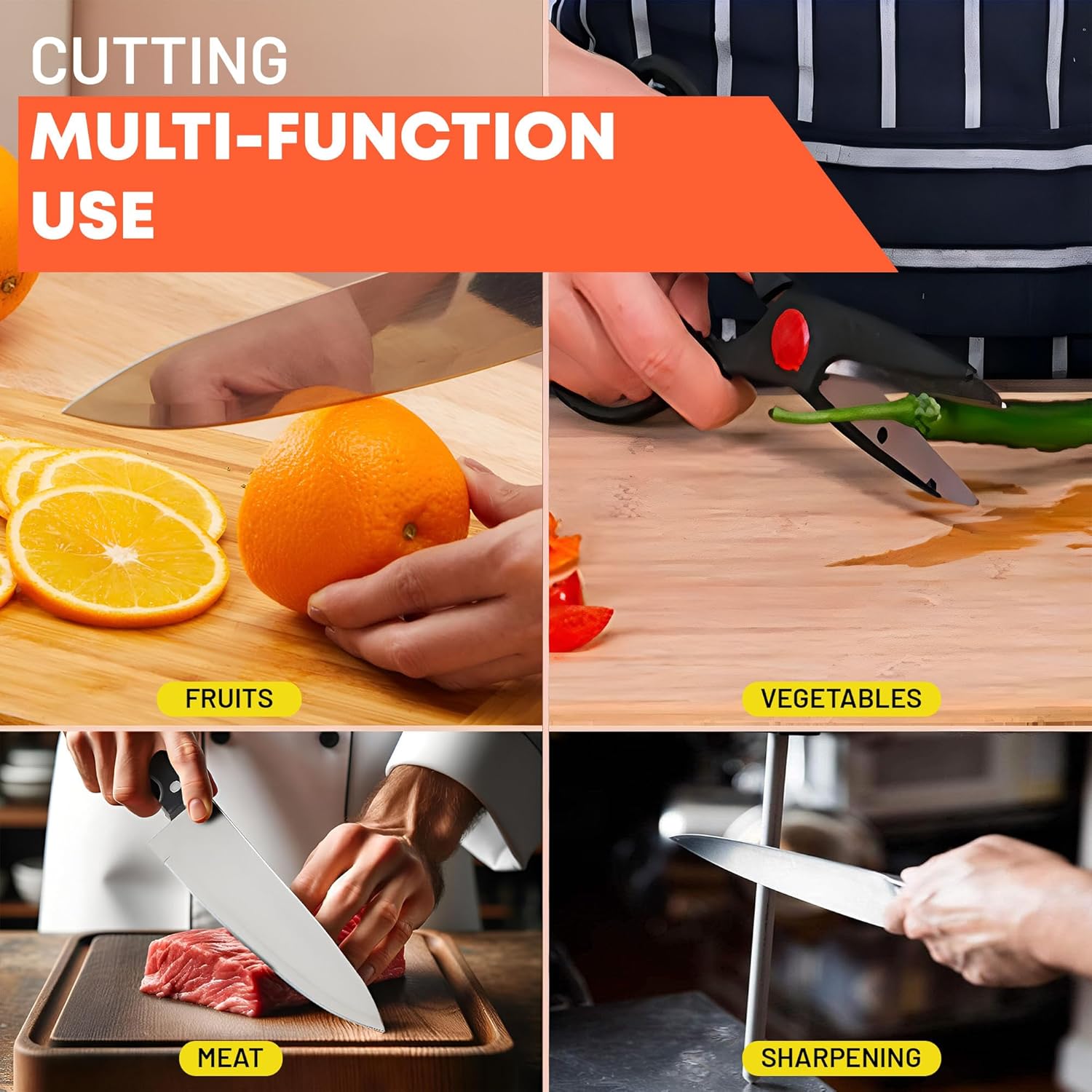 【Final Clearance】8 Piece Heavy Duty Knife Set Chef Bread Vegetable Meat Bone Slicing Mince Chopping Cutting Utility All in One Sharpener Kitchen Essentials Scissors Rust-resistant Stainless Steel