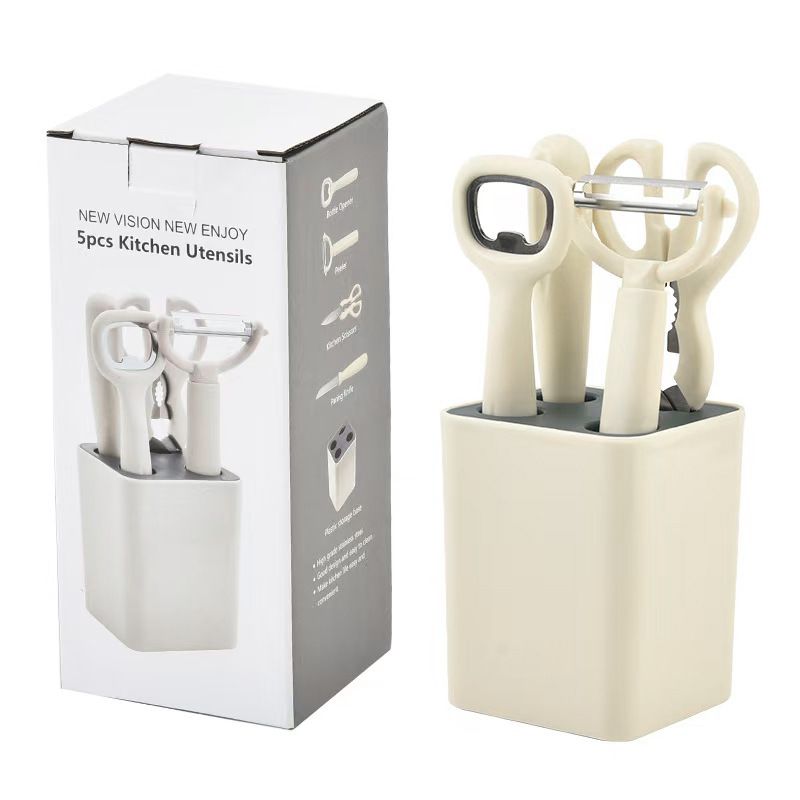 【Clearance Sale】Knife Set with Block, 5 Piece Kitchen Knife Sets with Stainless Steel Knives Scissors and Peeler for Veg Fruit Meat Steak