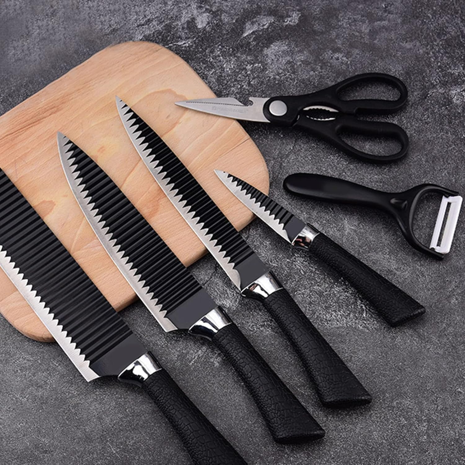 6-Piece Kitchen Knife Set, Non-Stick Coated Wavy-Grained Metal Blades, Non-Slip Ergonomic Handle, Lightweight Rustproof Sharp Chef's Knives for Home Cooking Restaurant Camping
