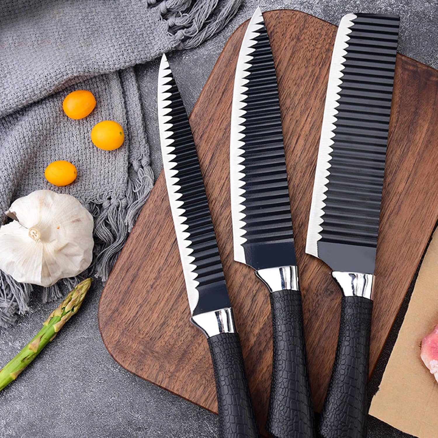 6-Piece Kitchen Knife Set, Non-Stick Coated Wavy-Grained Metal Blades, Non-Slip Ergonomic Handle, Lightweight Rustproof Sharp Chef's Knives for Home Cooking Restaurant Camping