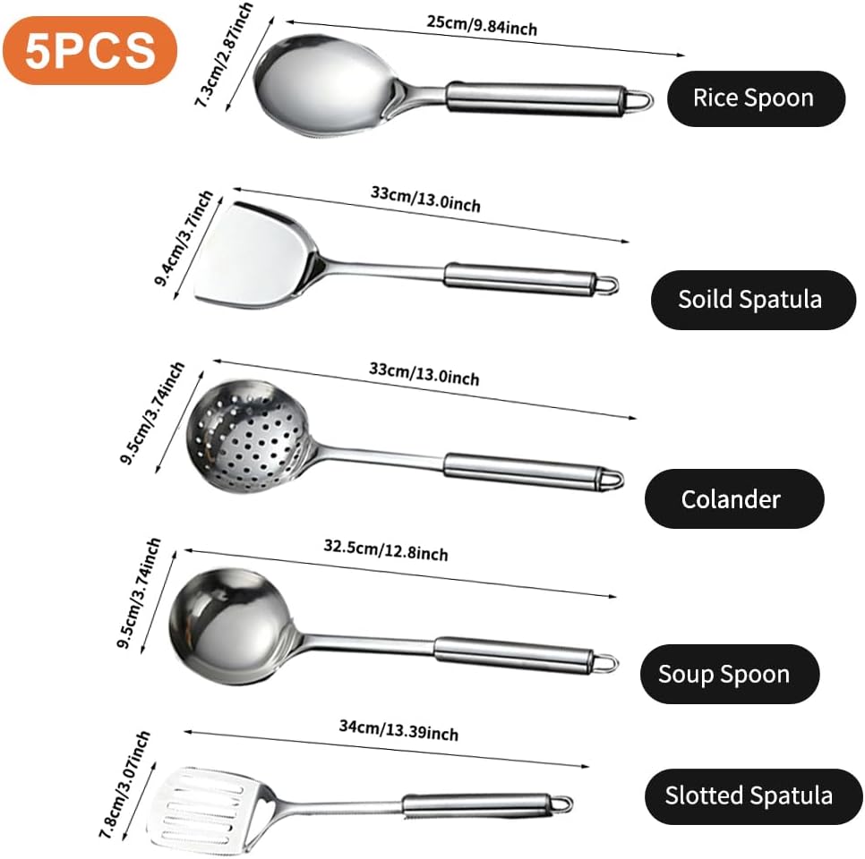 Stainless Steel Kitchen Utensils Set, 5Pcs Metal Cooking Utensils Set, Heat Resistant Kitchen Tool Set with Slotted Spoon, Slotted Spatula, Large Spoon, Soup, Spatula Set
