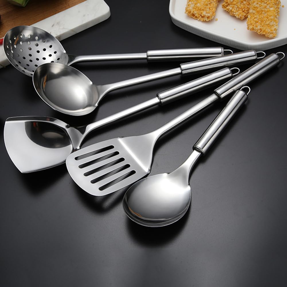Stainless Steel Kitchen Utensils Set, 5Pcs Metal Cooking Utensils Set, Heat Resistant Kitchen Tool Set with Slotted Spoon, Slotted Spatula, Large Spoon, Soup, Spatula Set