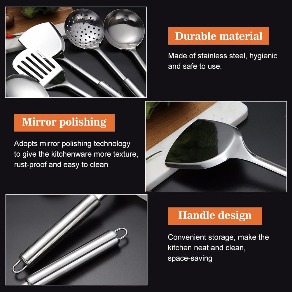 Stainless Steel Kitchen Utensils Set, 5Pcs Metal Cooking Utensils Set, Heat Resistant Kitchen Tool Set with Slotted Spoon, Slotted Spatula, Large Spoon, Soup, Spatula Set