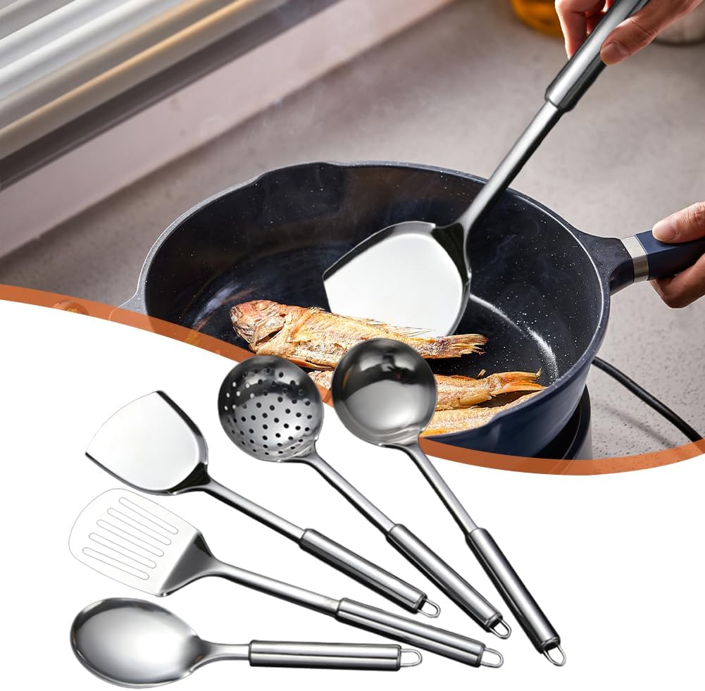 Stainless Steel Kitchen Utensils Set, 5Pcs Metal Cooking Utensils Set, Heat Resistant Kitchen Tool Set with Slotted Spoon, Slotted Spatula, Large Spoon, Soup, Spatula Set