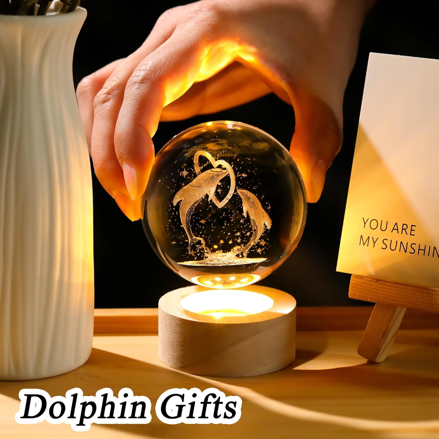 Dolphin Gifts for Women Men 3D Dolphin Crystal Ball with Wooden Light Base Crystal Dolphin Decor Dolphin Gifts for Dolphin Lovers for Christmas Valentine's Day Birthday