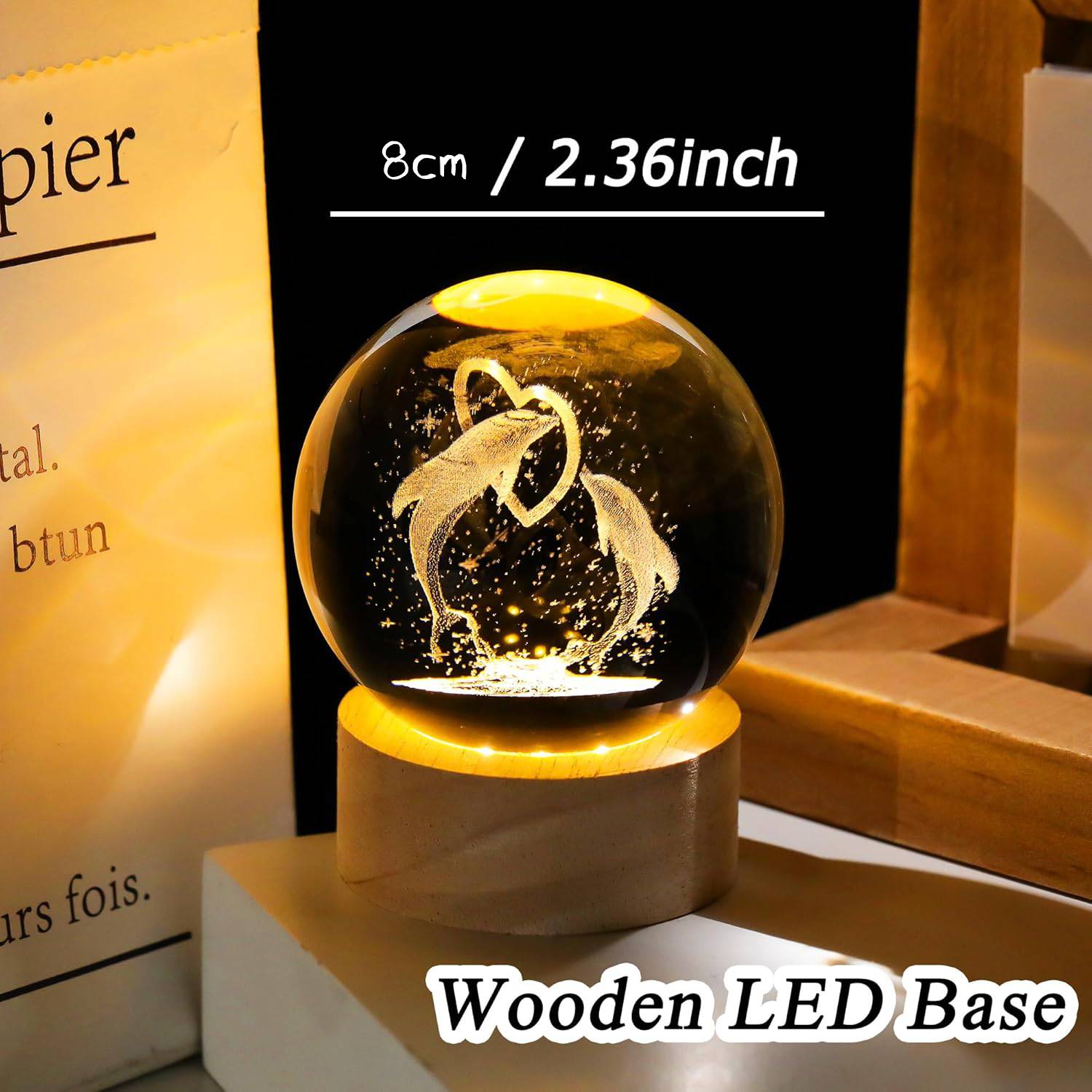 Dolphin Gifts for Women Men 3D Dolphin Crystal Ball with Wooden Light Base Crystal Dolphin Decor Dolphin Gifts for Dolphin Lovers for Christmas Valentine's Day Birthday