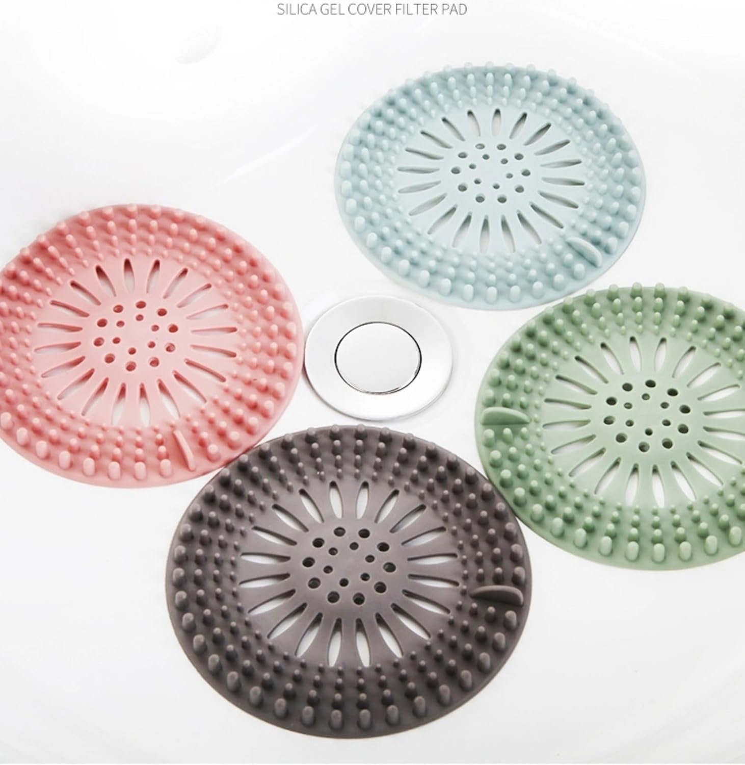 4-Pack Silicone Hair Catcher with Heart-Shaped Drain Protector - Pastel Colors (Blue, Pink, Green,Gray) | Easy-to-Clean & Install, Fit for Bathroom & Kitchen Sinks,Nonslip Design, Sink Strainer