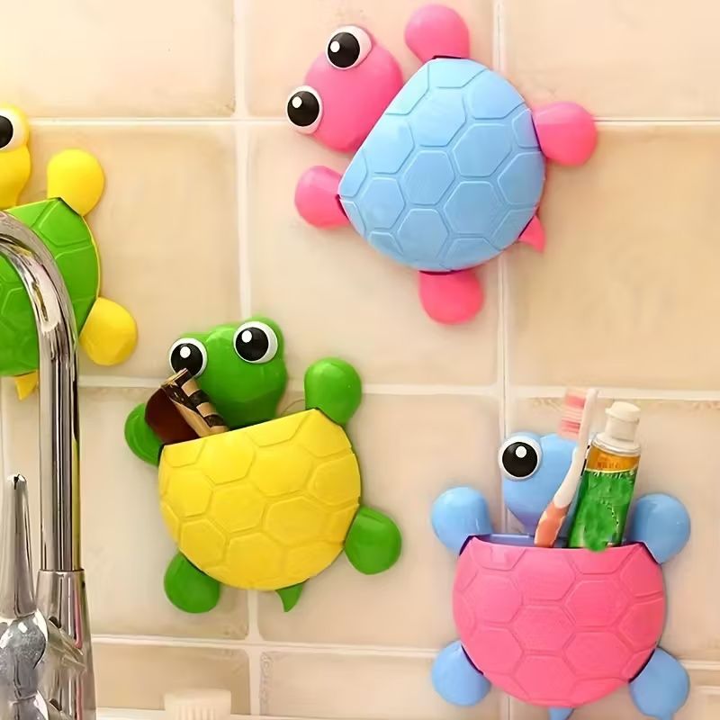 1Pcs Cute Turtle Design Toothbrush Holder - Plastic Wall Mount Bathroom Organizer with Suction Cup - Cartoon Storage Rack for Toothbrush & Toothpaste - No Electricity Needed - Home Decor Accessory