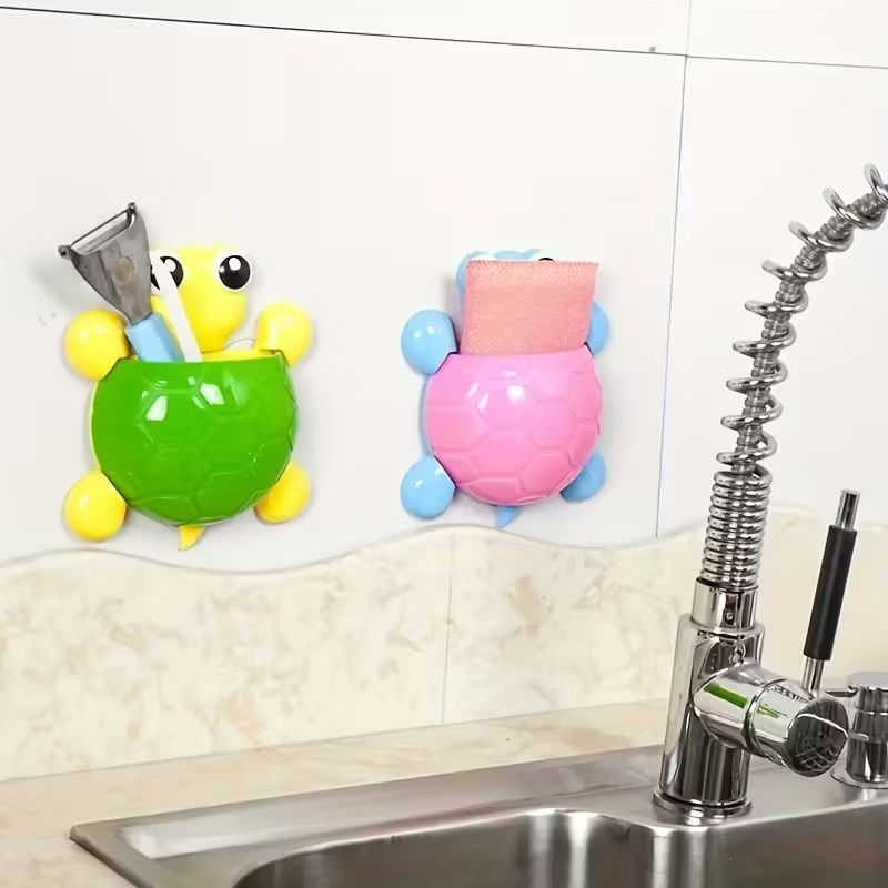 1Pcs Cute Turtle Design Toothbrush Holder - Plastic Wall Mount Bathroom Organizer with Suction Cup - Cartoon Storage Rack for Toothbrush & Toothpaste - No Electricity Needed - Home Decor Accessory