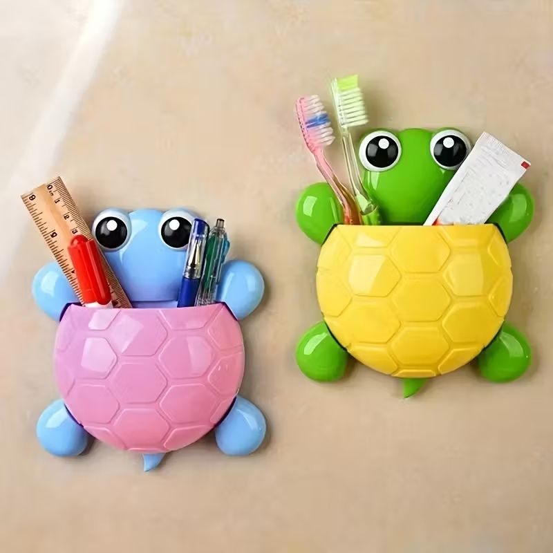 1Pcs Cute Turtle Design Toothbrush Holder - Plastic Wall Mount Bathroom Organizer with Suction Cup - Cartoon Storage Rack for Toothbrush & Toothpaste - No Electricity Needed - Home Decor Accessory