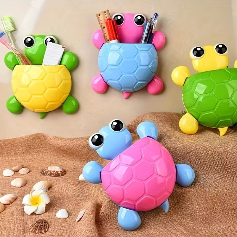 1Pcs Cute Turtle Design Toothbrush Holder - Plastic Wall Mount Bathroom Organizer with Suction Cup - Cartoon Storage Rack for Toothbrush & Toothpaste - No Electricity Needed - Home Decor Accessory