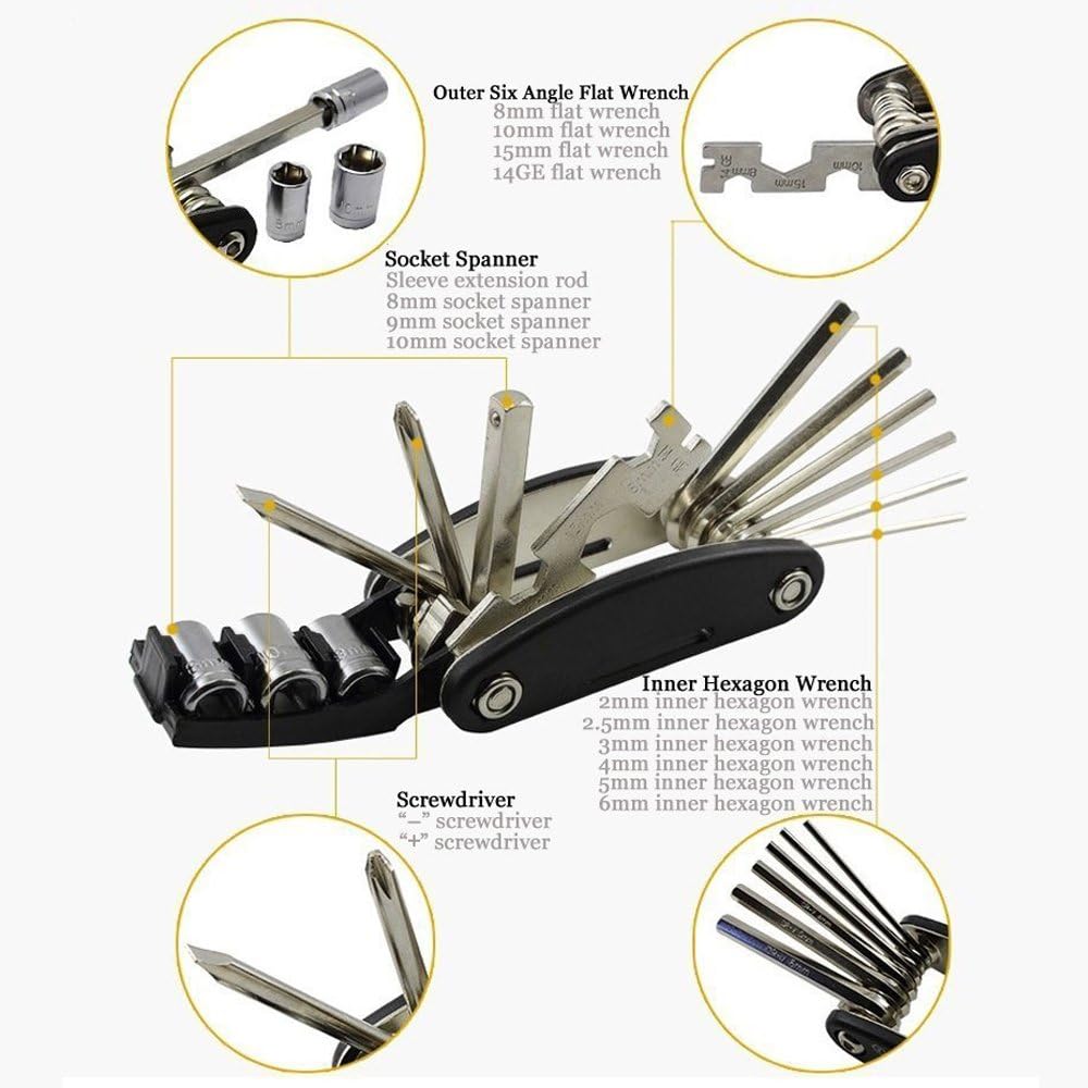 16 Pieces Bike Repair Tool Kit, 15 in 1 Bicycle Multi tool with Tire Levers Hex Spoke Wrench Chain Adjuster, Bicycle Tire Repair Kit, Multi Function Bike Accessories for Adult Bikes